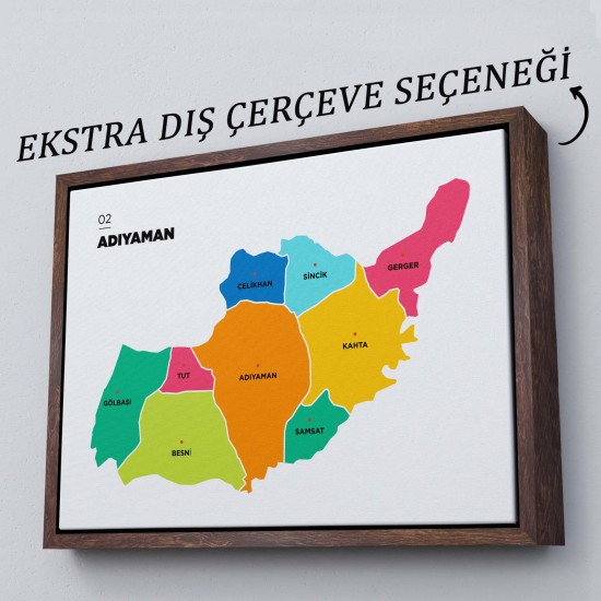 Adıyaman İli ve İlçeler Haritası Dekoratif Kanvas Tablo 1251