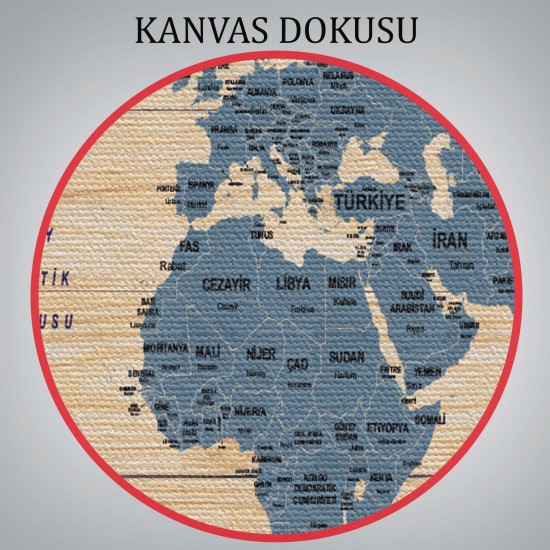 Ahşap Görünümlü Türkçe Dünya Haritası Ülke Başkentli Kanvas Tablo 1842