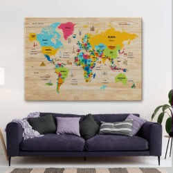 Ahşap Görünümlü Türkçe Dünya Haritası Dekoratif Kanvas Tablo 2096
