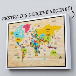 Ahşap Görünümlü Türkçe Dünya Haritası Dekoratif Kanvas Tablo 2096