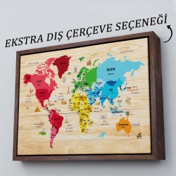 Ahşap Görünümlü Türkçe Dünya Haritası Dekoratif Kanvas Tablo 2106