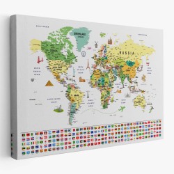 Dünya Haritası Ayrıntılı Eğitici-Öğretici Sembollü Bayraklı Dekoratif Kanvas Tablo 2847