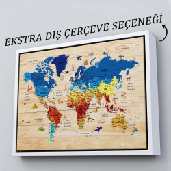 Ahşap Görünümlü Türkçe Dünya Haritası SembollüEğitici ve Öğretici Dekoratif Kanvas Tablo 2891