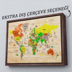 Ahşap Görünümlü Türkçe Dünya Haritası SembollüEğitici ve Öğretici Dekoratif Kanvas Tablo 2893