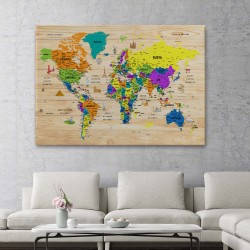 Ahşap Görünümlü Türkçe Dünya Haritası SembollüEğitici ve Öğretici Dekoratif Kanvas Tablo 2903