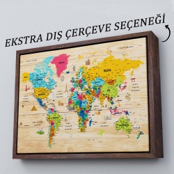 Ahşap Görünümlü Türkçe Dünya Haritası SembollüEğitici ve Öğretici Dekoratif Kanvas Tablo 2939