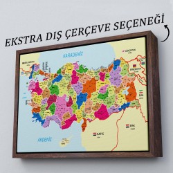 Türkiye Haritası Kanvas Tablo İl ve İlçeli Ayrıntılı Eğitici-Öğretici Komşulu Dekoratif Tablo 3008