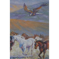 Duvar Örtüsü Kafkas Dağları ve Atları Yağlıboya Görünümlü Kanvas Duvar Halısı