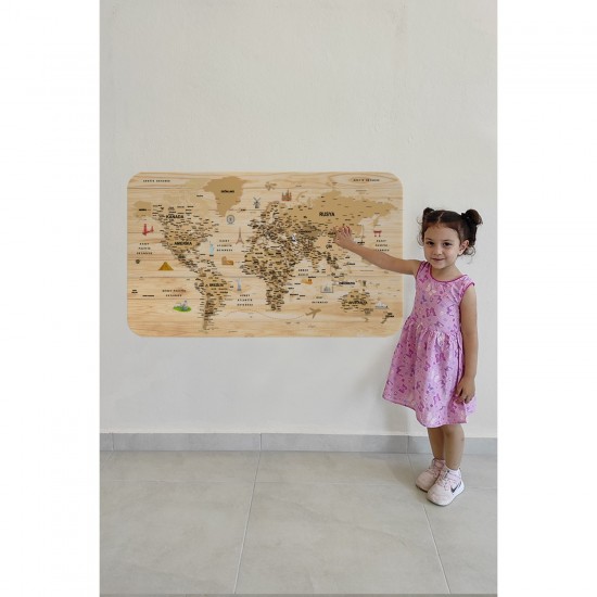 Ahşap Görünümlü TürkçeEğitici Detaylı Atlası DekoratifDünya Haritası Duvar Sticker 100 x 65 cm